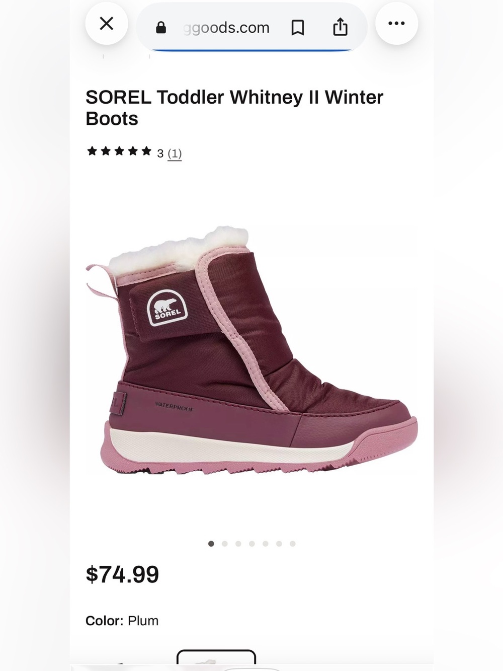 SOREL Toddler's Whitney ll Plus Waterproof Bootie - Plum - Size Toddle 4